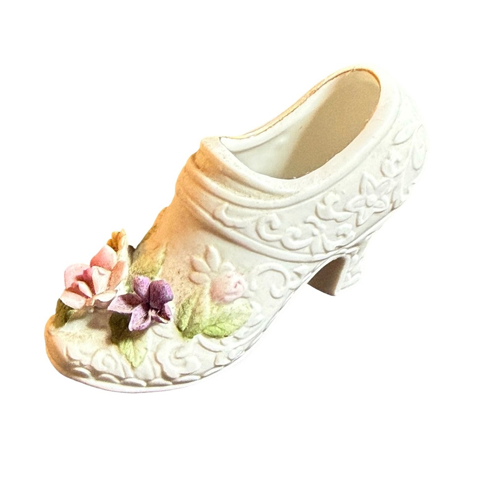 Lefton Shoe Figurine White Floral Porcelain Bisque Vintage Cottagecore Victorian